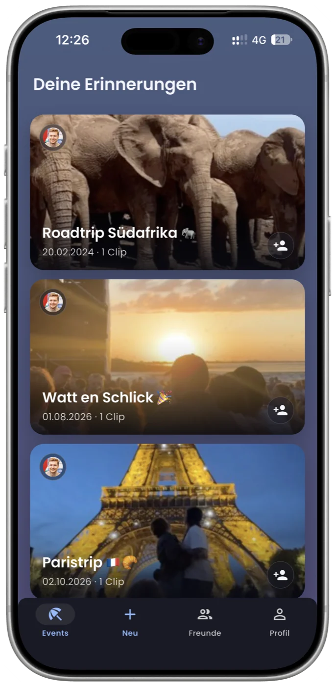 Memoryfy App: Übersicht „Deine Erinnerungen“ mit Events wie Roadtrip Südafrika und Paristrip