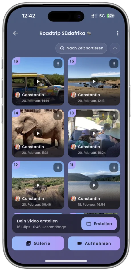 App-Screen: Gesammelte Clips aller Teilnehmenden im Event