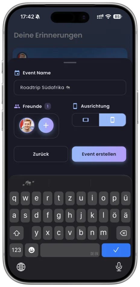 App-Screen: Neues Event anlegen und Freund:innen einladen
